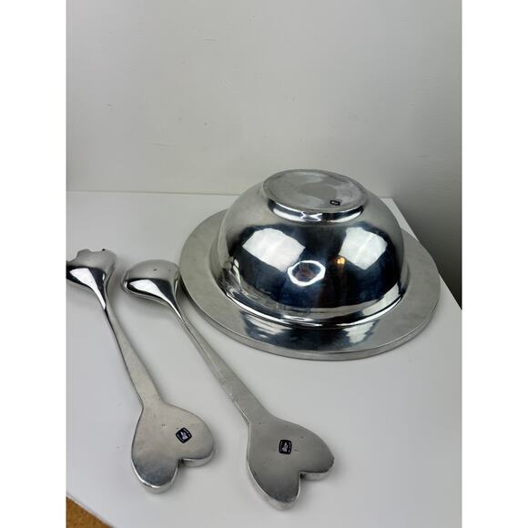 Mexico Silver Salad Bowl Stainless Steel Hearts Spoon Fork Serveware Set RARE - Picture 10 of 11